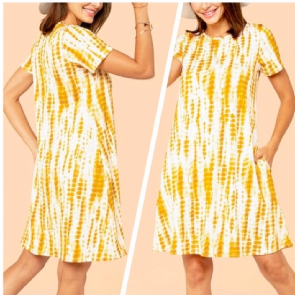 NEW• Tyra Yellow & White Tie-Dye Swing Dress With Pockets- XL-1X